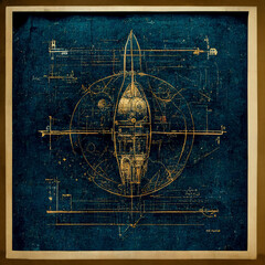 Naklejka premium steampunk style spaceship blueprint sketch plan drawing