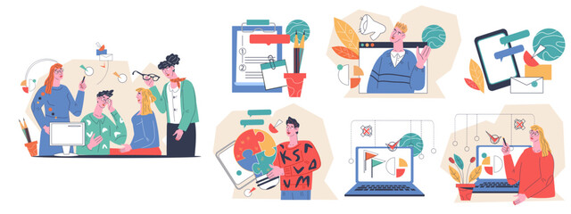 Business people communicating and working on business analytics, flat vector.