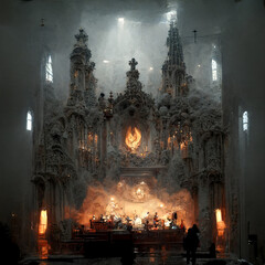 Fototapeta na wymiar gothic cathedral interiors burning orchestra playing the song of chaos concept artwork illustration
