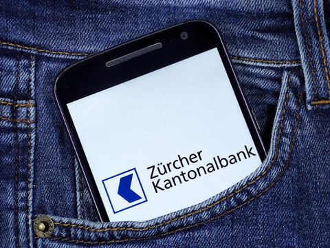 Z&uuml;rcher Kantonalbank on the smartphone screen in the pocket of jeans. Zurich Cantonal Bank is the largest cantonal bank.