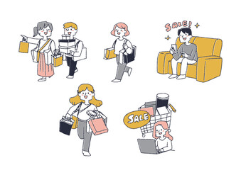 オンラインや実店舗のセールで買い向かう人々　コミカルな手書きの人物　ベクター、線画にカラー