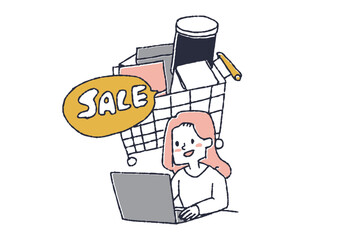 インターネットで買い物をする女性　オンラインや実店舗のセールで買い向かう人々