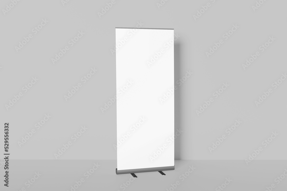 Wall mural blank white roll-up banner display mockup on gray background, isolated, 3d rendering. ready to displ