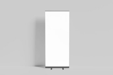 Blank white roll-up banner display mockup on gray background, isolated, 3d rendering. Ready to display your design