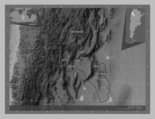 Catamarca, Argentina. Grayscale. Labelled points of cities