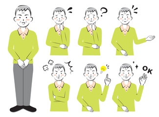 様々な表情のカジュアルな服装の年配の男性　全身　上半身　3c