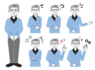様々な表情のカジュアルな服装の年配の男性　全身　上半身　3c