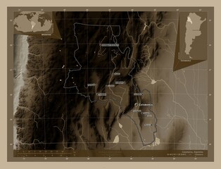 Catamarca, Argentina. Sepia. Labelled points of cities