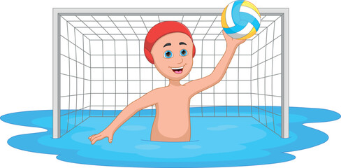 cartoon boy playing water polo as a goalkeeper