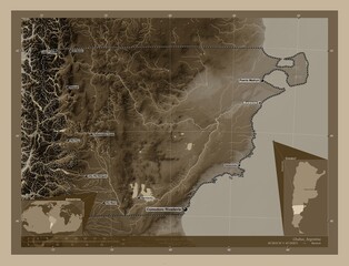 Chubut, Argentina. Sepia. Labelled points of cities