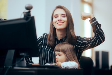 Strong Mom Flexing Her Muscles while Multitasking at Work. Mother thriving managing her own...