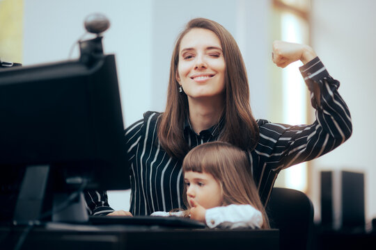 Strong Mom Flexing Her Muscles while Multitasking at Work. Mother thriving managing her own business while taking care of her child
