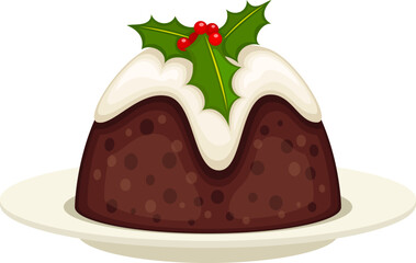 Vector illustration of holiday figgy pudding on a plate with a holly leaf garnish.