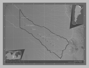 Formosa, Argentina. Grayscale. Labelled points of cities