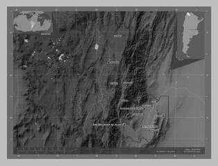 Jujuy, Argentina. Grayscale. Labelled points of cities