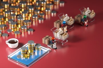 shopping online on a smartphone. white screen. 3d illustration. delivery sell. 3d store object design. shop supermarket online. coin money business element. realistic render. abstract background.\