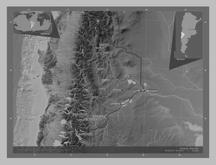 Neuquen, Argentina. Grayscale. Labelled points of cities