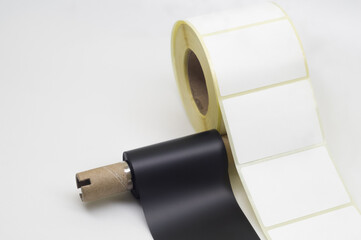 Black roll wax ribbon for thermal transfer on core and white self-adhesive label roller for a...