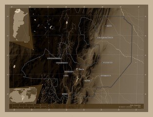 Salta, Argentina. Sepia. Labelled points of cities