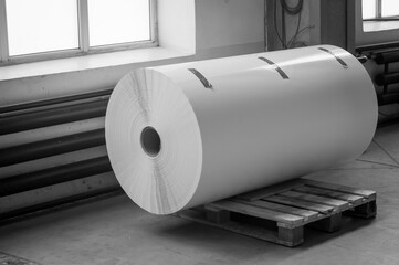 Large paper roll for typography. Flexographic white self-adhesive paper for the production of...
