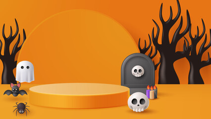 Halloween display podium decoration background with scary ornament. Vector 3D Illustration