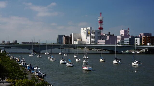 ヨットが浮かぶ信濃川と柳都大橋のある新潟市の風景