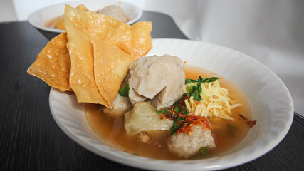 Bakso. Indonesian beef meatball served with noodles and tofu