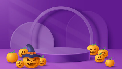 Halloween display podium decoration background with scary ornament. Vector 3D Illustration