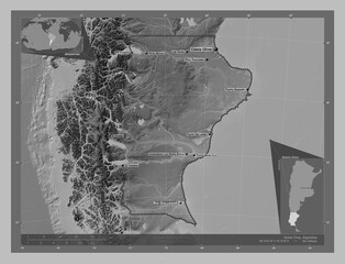 Santa Cruz, Argentina. Grayscale. Labelled points of cities