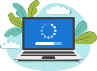 System software update and upgrade concept. Loading process in laptop screen. Vector illustration.