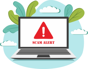 Scam alert on laptop screen. Hacker attack and web security vector concept, phishing scam. Network and internet security. Vector illustration.