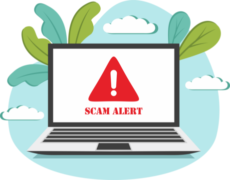 Scam alert on laptop screen. Hacker attack and web security vector concept, phishing scam. Network and internet security. Vector illustration.