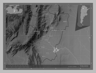 Tucuman, Argentina. Grayscale. Labelled points of cities