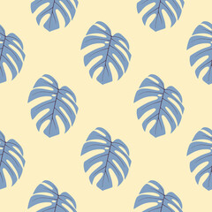 Fototapeta na wymiar Seamless vintage pattern with monstera tropical leaves. Vector paradise summer retro background in soft pastel palette.