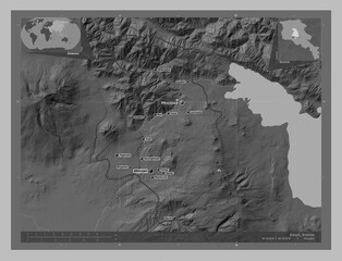 Kotayk, Armenia. Grayscale. Labelled points of cities