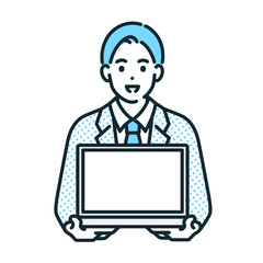 pc画面を見せ、提案するビジネスマンのベクターイラスト素材。