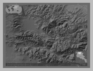 Lori, Armenia. Grayscale. Labelled points of cities