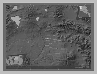 Shirak, Armenia. Grayscale. Labelled points of cities