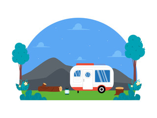 Car camping with view of mountain. Family car camping. PNG illustration