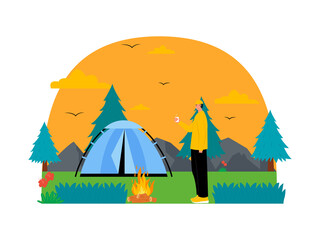 Camp outdoor. Camping outfit for man. Camping with campfire. PNG illustration