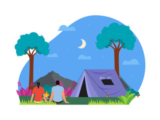 Idea camping for the couple. Camping in nature. Romantic couple in camp outdoor.  PNG illustration