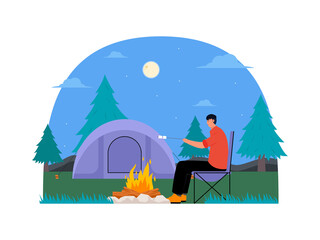 A man grilling the food to enjoying the moment of camping. Can take you away from the hustle and bustle of the city. PNG illustration