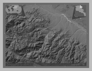 Tavush, Armenia. Grayscale. Labelled points of cities