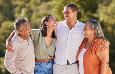Family, elderly parents and together in nature to bond in outdoor landscape with happy people....