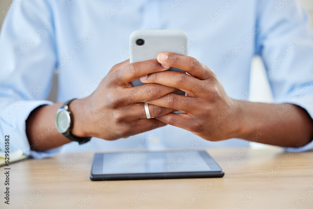 Poster Phone, communication and business man working and texting with 5g network, social media and chatting on messaging app on smartphone at desk. Closeup hands of professional worker checking email