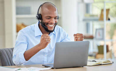 Success, winner or black call center man with laptop in customer service, contact us or CRM consulting achievement. Customer deal, ecommerce sales or happy communication worker celebration in WOW