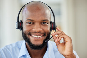 Sales black man portrait, call center agent and customer service support worker for advice,...
