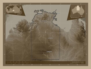 Northern Territory, Australia. Sepia. Labelled points of cities