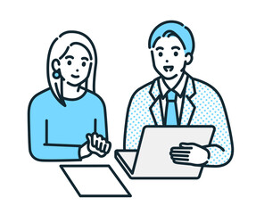 パソコンと資料を確認しながら打ち合わせをする男女のイラスト素材。