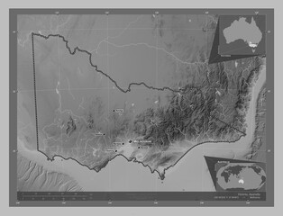 Victoria, Australia. Grayscale. Labelled points of cities